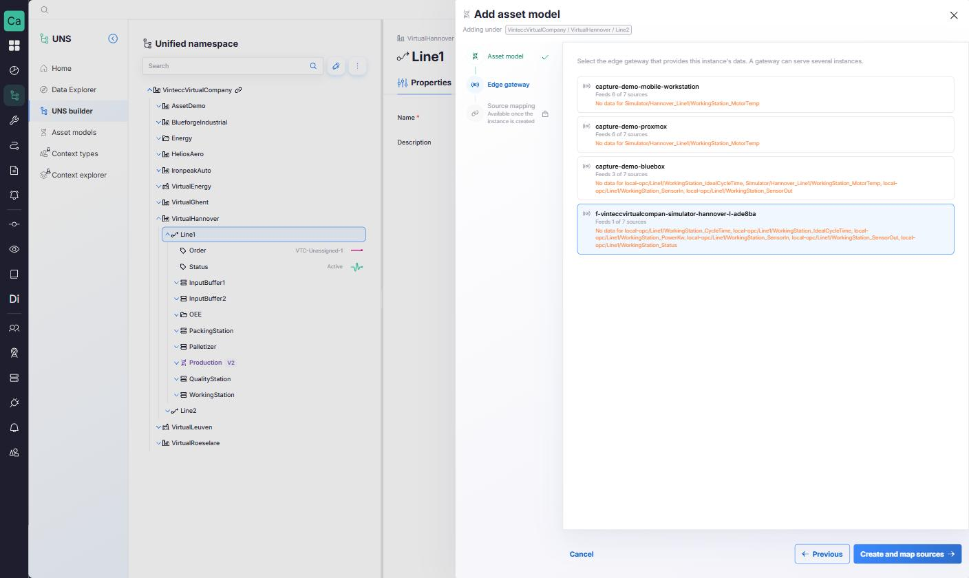The Edge gateway step of Add asset model