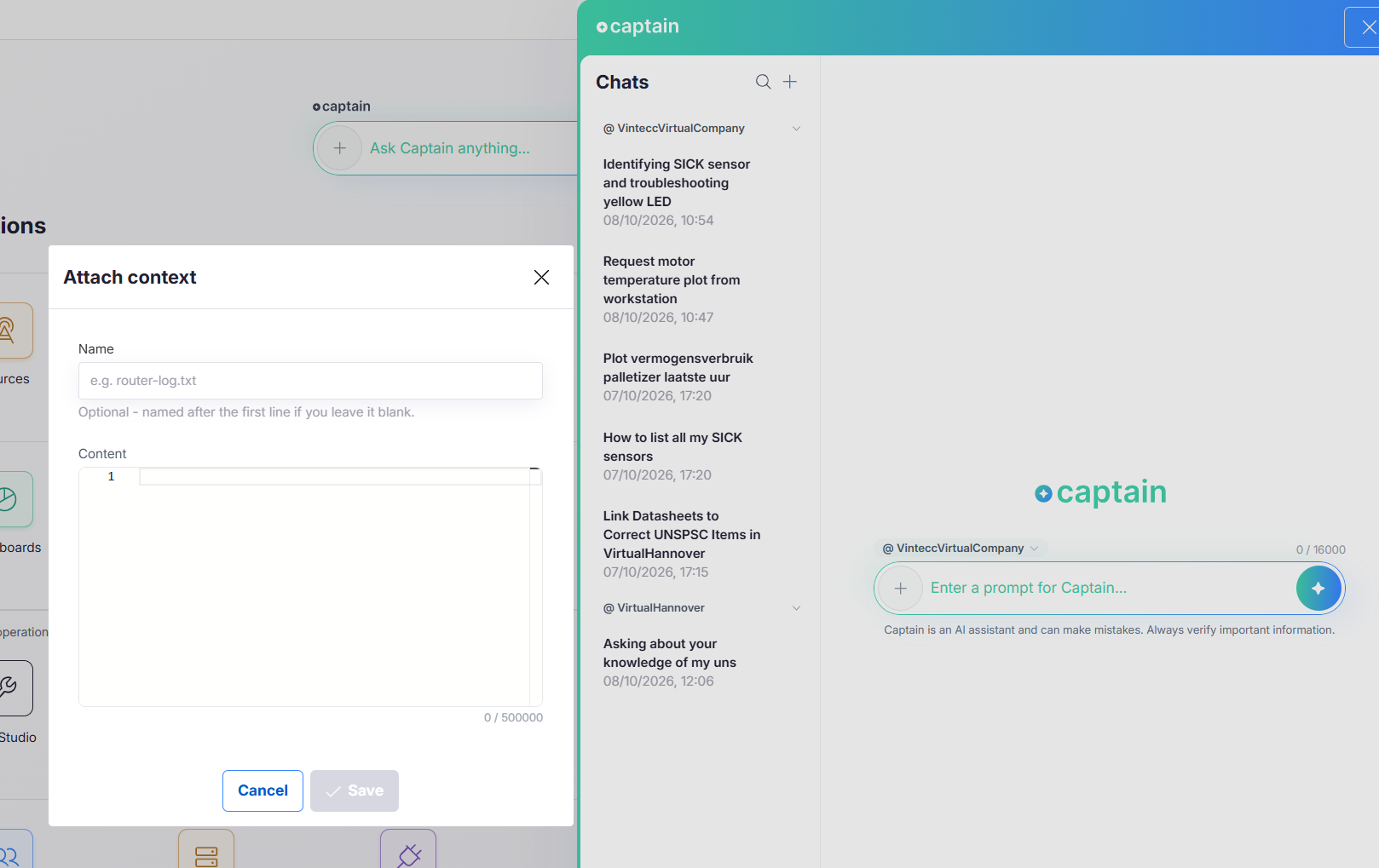 The plus button next to the prompt and the Attach context dialog with a pasted device log