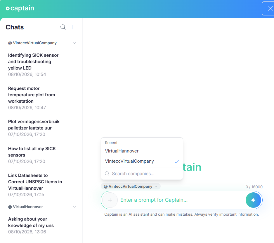 The company selector open on a new chat, with recent companies and a search field