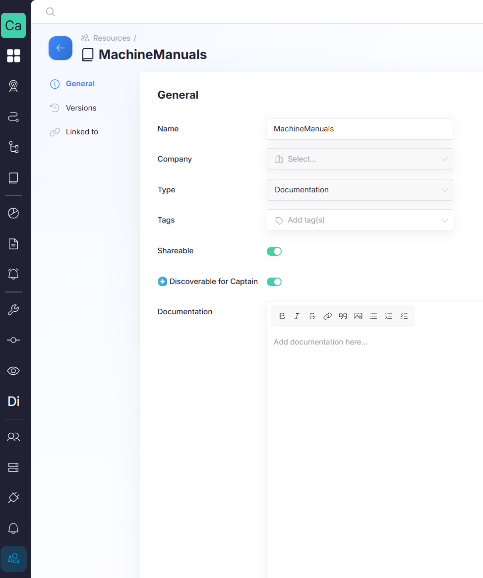 The Resources app with a resource of type Documentation and Discoverable for Captain switched on