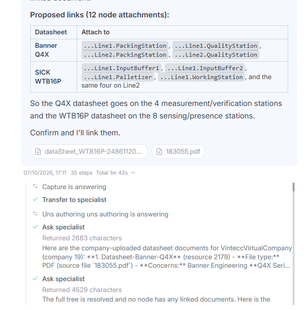The steps footer opened, showing the agent that answered and each tool call with its arguments, duration and result size