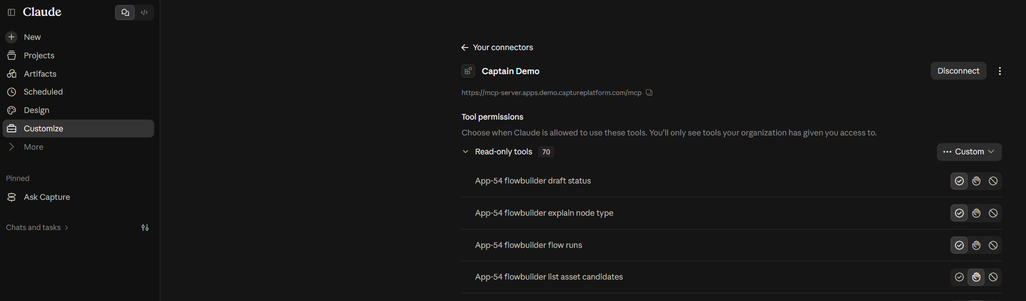 Claude's add custom connector dialog with the name Capture and the Capture MCP server address filled in
