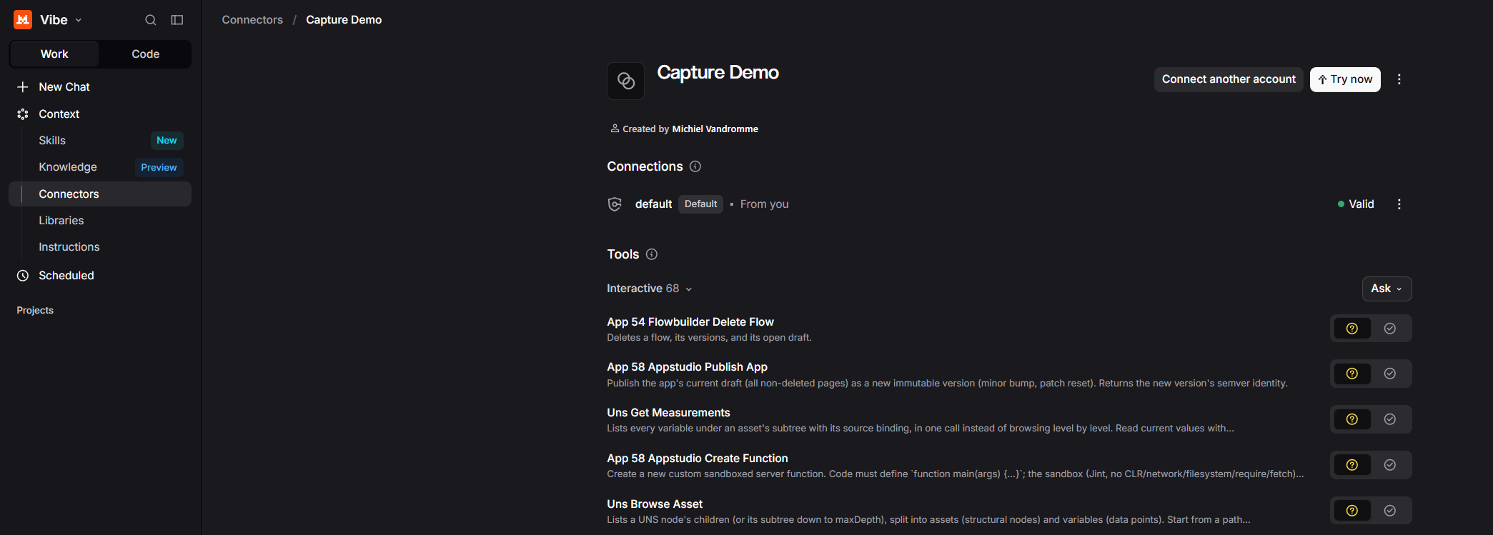 The Capture connector in Vibe, with a valid connection and the list of Capture tools