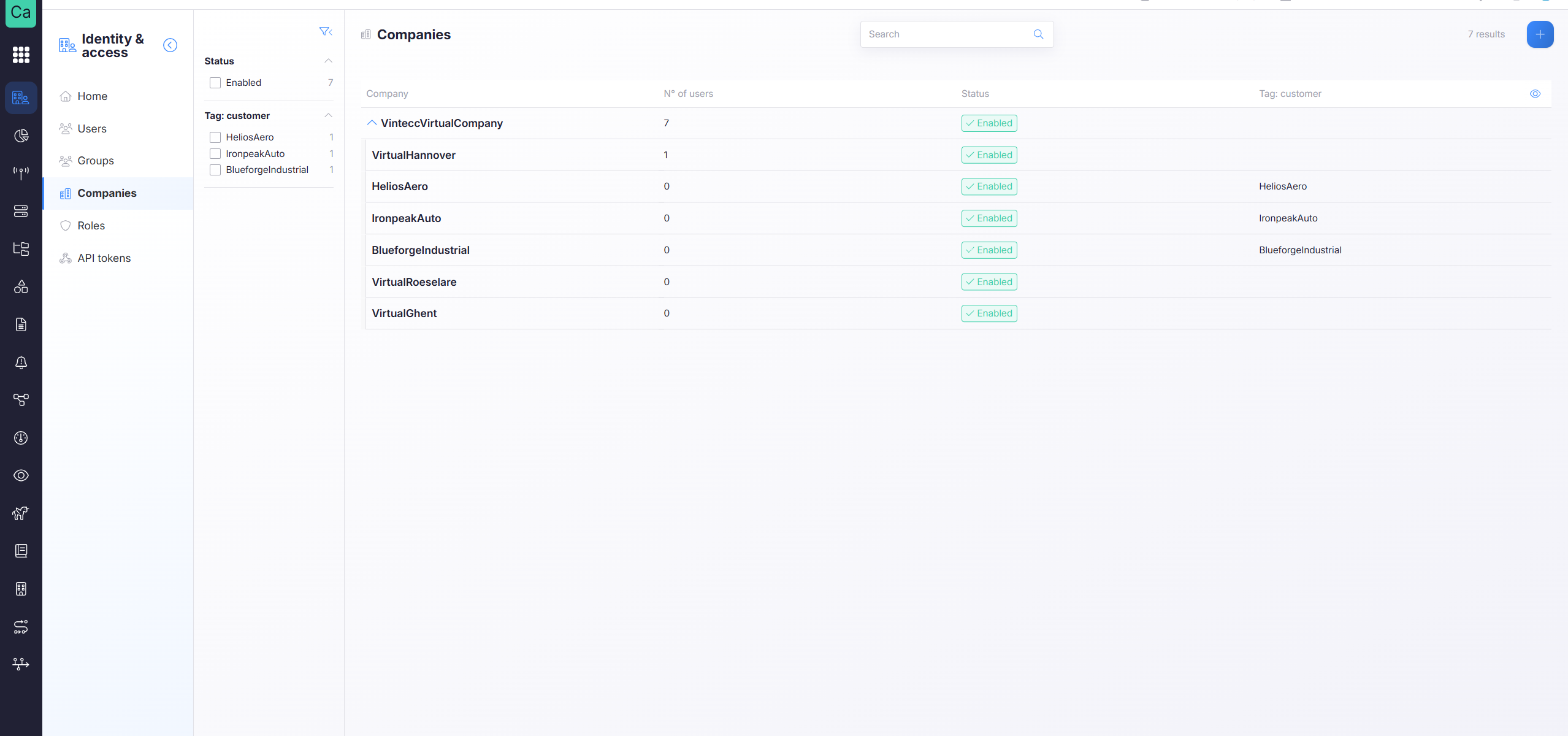 Companies list in Identity and access with the number of users, status and customer tag per company