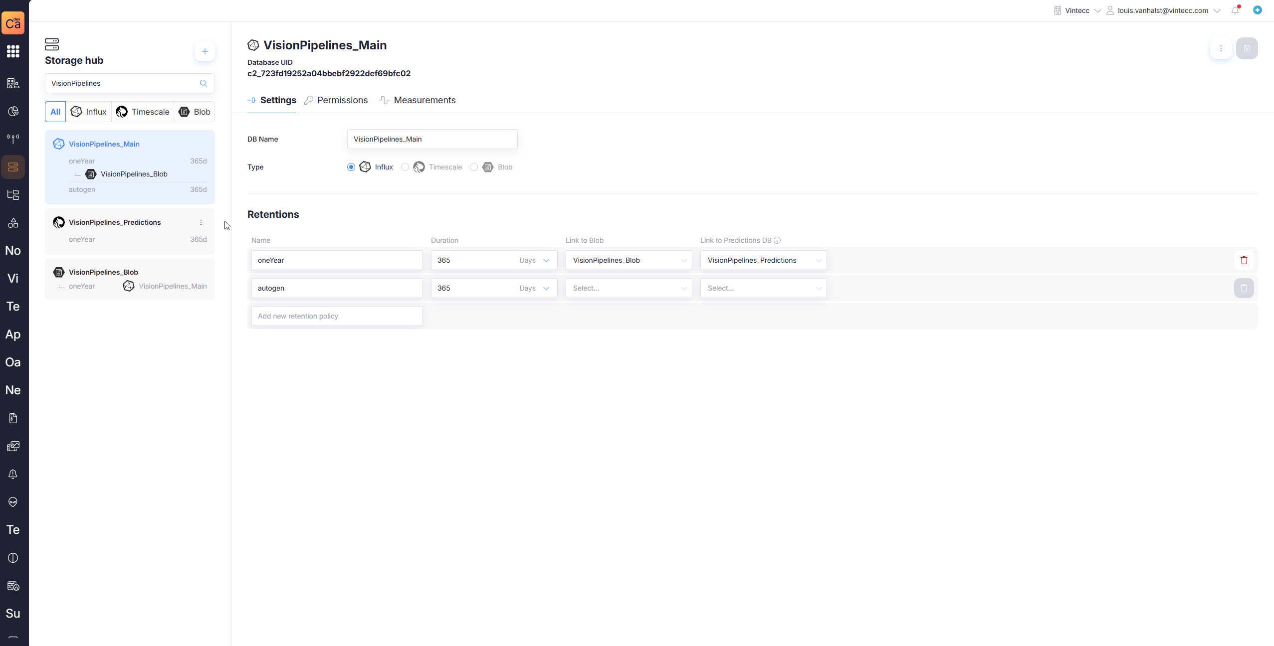 The three databases of a vision pipeline in Storage Hub